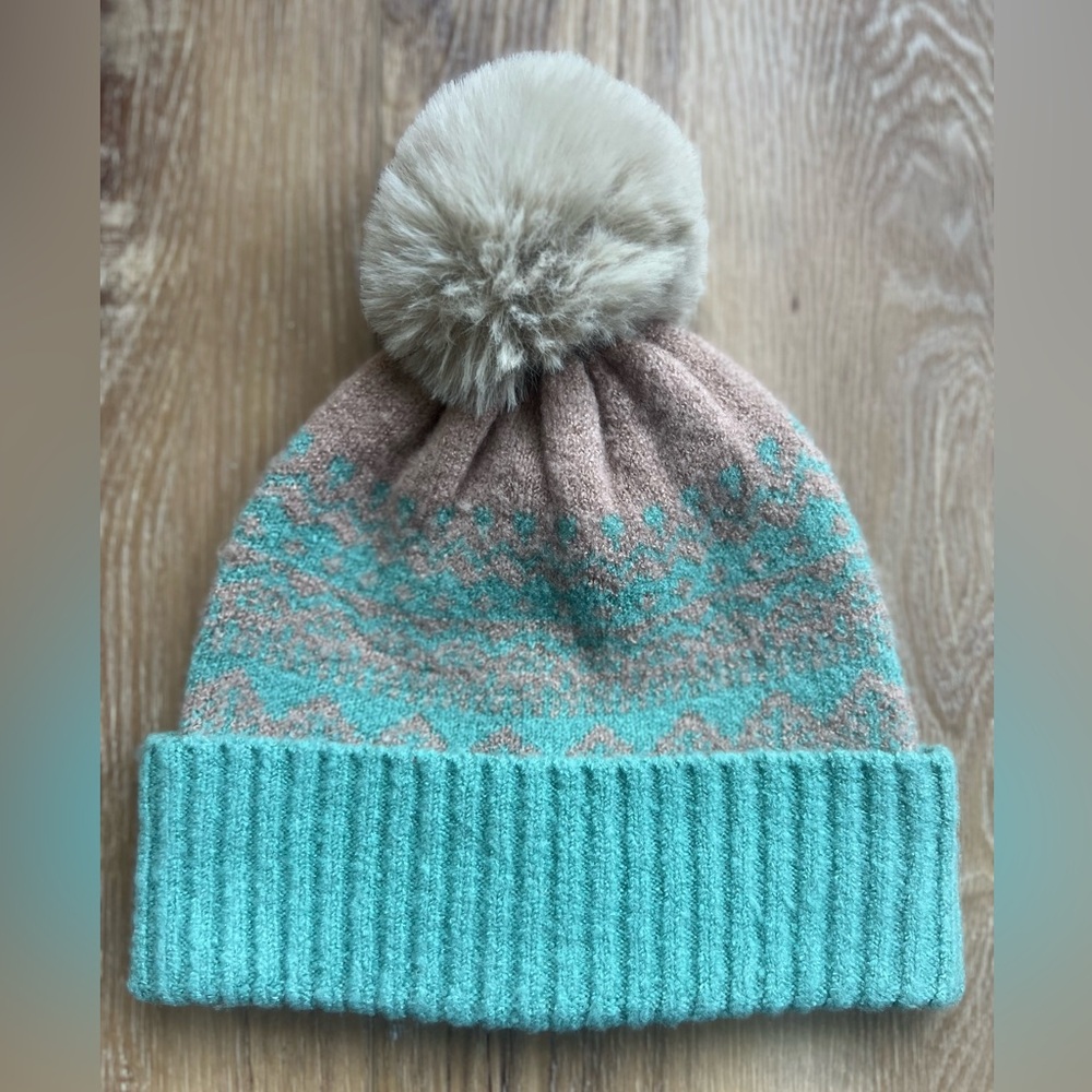 Powder Thora Winter Pom Beanie — Mint & Taupe Cuffed Knit Hat, One Size
